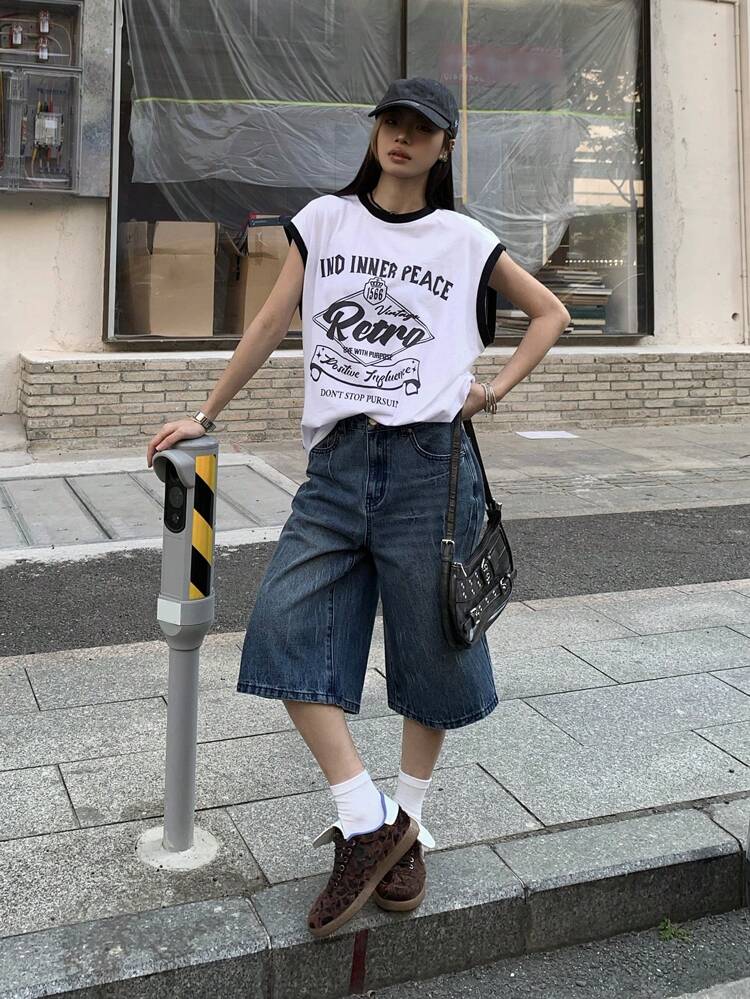 Women's Loose Round Neck Sleeveless Tank Top With Letter Print Summer Preppy Tops