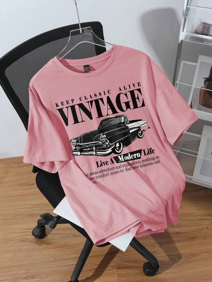 SHEIN EZwear 大码休闲复古汽车图案 T 恤，宽松版型，短袖，女式，夏季 - 藕粉色 - 查看 1