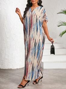 SHEIN Lady Elegant Casual Work Party Striped Print V Neck Slit Butterfly Sleeve Women Dresses Long Dress For Summer Maxi Boho Resort - Multicolor - View 4