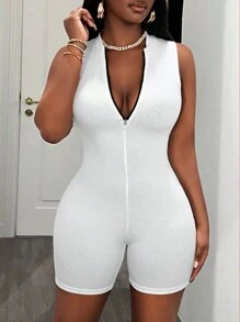 Slaydiva Casual Basic Sportswear Sleeveless Contrast Color Zip Collar Jumpsuit - FF - Black and White - View 4