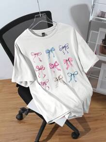 SHEIN EZwear Plus Size Butterfly Ribbon Printed Casual Short Sleeve Round Neck Extra Baggy T-Shirt - White - View 1