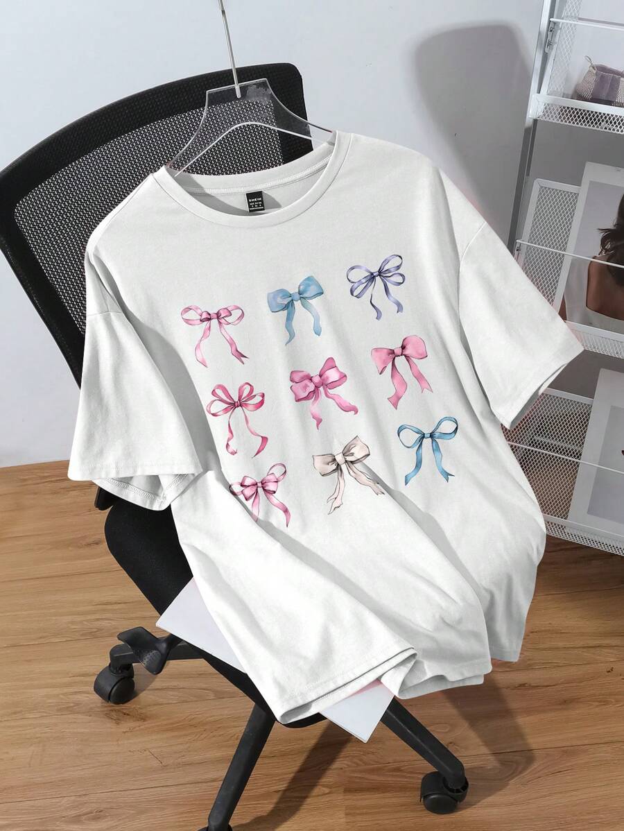 SHEIN EZwear Plus Size Butterfly Ribbon Printed Casual Short Sleeve Round Neck Extra Baggy T-Shirt - White - View 1