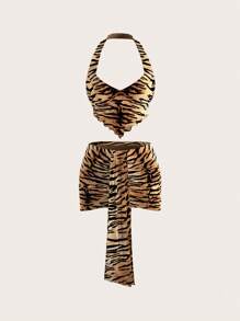 SHEIN ICON 2 pièces Ensemble de hauts sans dos à col montant et mini-jupe moulante à taille basse motif rayures de tigre Y2K pour l'été