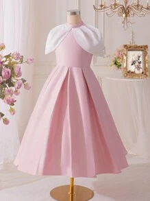 SHEIN 青少年女孩优雅撞色拼接工字背设计立领连衣裙 - 粉色 - 查看 6