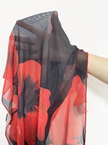 SHEIN Swim Springbreak 女式随机花卉印花不对称荷叶边镂空不对称领口沙滩罩衫 - 彩色 - 查看 8