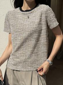 Dazy Star Women Casual/Work Commute Color Block Round Neck Short Sleeve T-Shirt Plaid - Apricot - View 5