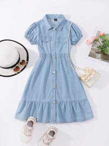 1pc Tween Girls Denim Dress With Ruffle Hem,Holiday,Summer,Travel - Light Wash - View 4