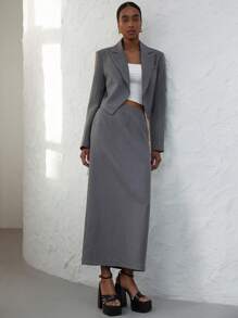 Aveloria Modichic Women's Elegant Commuter Notched Lapel Cropped Long Sleeve Blazer With Split Hem, Paired With Super Long Skirt Suit