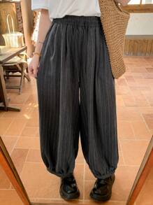FRIFUL Women's Grey Striped Loose Cropped Pants, Spring Clothing - Grey - View 3