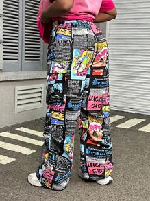 Muchica Pantalones cargo de talla grande con estampado de dibujos animados, cintura con cordón y múltiples bolsillos con pliegues - Negro - Ver 2