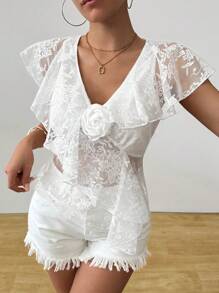 SHEIN Unity Romantic Lace Ruffle 3D Floral Decor Blouse - White - View 1