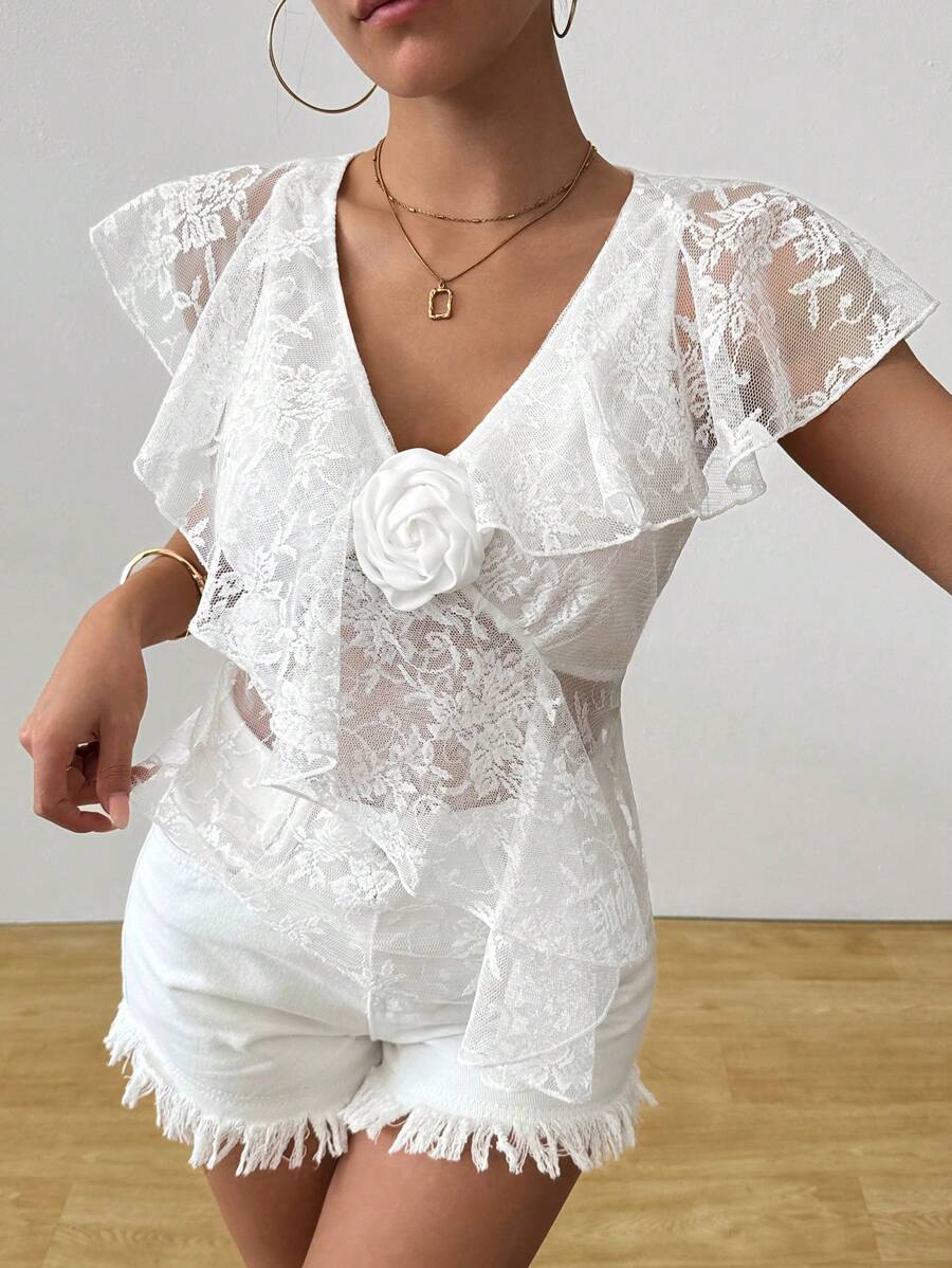 SHEIN Unity Romantic Lace Ruffle 3D Floral Decor Blouse - White - View 1