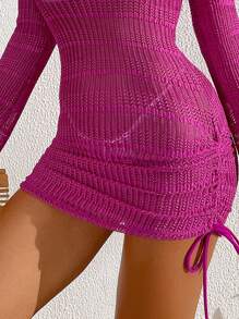 SHEIN X Sofía Suescun SHEIN Swim Quần áo mùa hè cho nữ, váy dài tay hở vai đơn giản, bó sát, dành cho kỳ nghỉ hè ở bãi biển - Màu Hồng Tươi - Xem 3