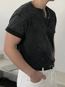 DAZY Men's Ribbed V-Neck Pullover, Distressed Design, Summer Business Attire - Dark Grey - View 7