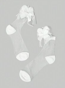 ROMWE Kawaii 1pair Rabbit Ear Design Mid-Calf Socks, Cute Bowknot Glass Stockings For Women, JK Style - White - View 2