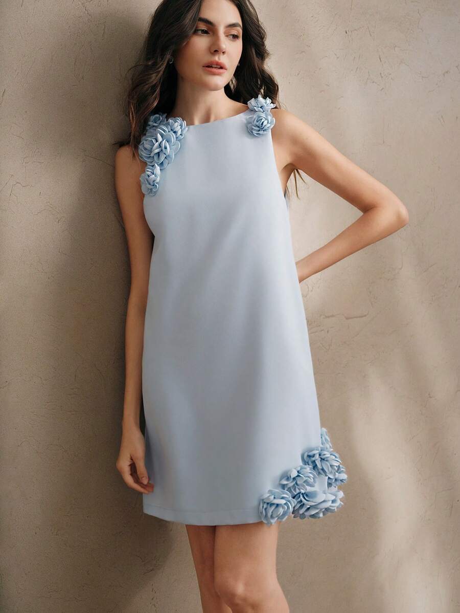Anewsta 优雅花卉装饰 A 字型迷你连衣裙，适合派对、夏季休闲节日 - 淺藍色 - 查看 1