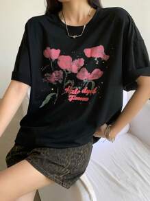 DAZY Women Floral Contrast Color Print Round Neck Short Sleeve T-Shirt Summer Cute Tops Oversized T-Shirt,Graphic Tees - Black - View 3