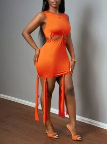 Slaydiva Nuevo estilo Vestido mini naranja casual y deportivo para mujer con cuello redondo, sin mangas, top de jersey con nudo y recorte - Naranja - Ver 4