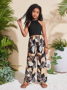 2pcs Tween Girls Black Round Neck Singlet Top With Graphic Leaf Print And Contrast Loose Pants Set - Multicolor - View 5