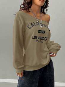 SHEIN EZwear Suéter de una sola manga con estampado de nombre de lugar de tejido informal para mujer, para otoño/invierno