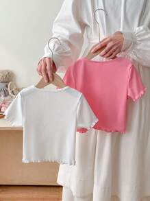 SHEIN LMoss Kids 2 件套年轻女孩纯色圆领修身休闲 T 恤