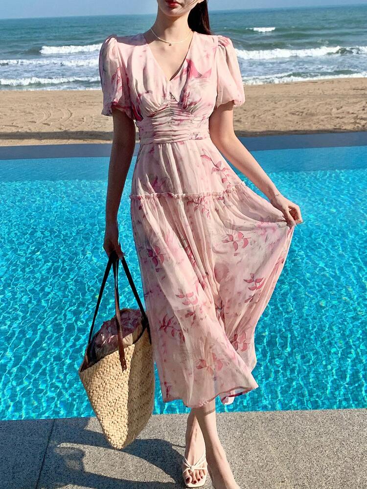 Women's V-Neck Short Sleeve Floral Print Casual Dress Sundress
