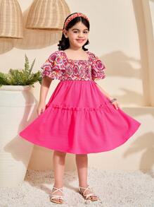 SHEIN Leap Crew Young Girl Pink Ditsy Floral Patchwork Textured Ruffle Trim Square Collar A-Line Dress,Summer Birthday Holiday Ramandan Style Matching Family Vacation - Hot Pink - View 4