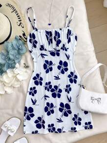 SHEIN Teen Girl Blue Floral Print On White Adorable Cami Dress, Fitted Vacation/Holiday Dress - Blue and White - View 1