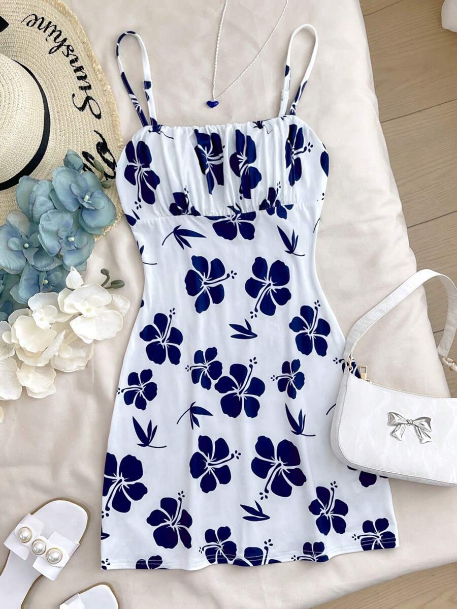 SHEIN Teen Girl Blue Floral Print On White Adorable Cami Dress, Fitted Vacation/Holiday Dress - Blue and White - View 1