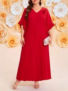 SHEIN Clasi 2pcs Plus Size Valentine's Day Romantic Elegant Solid Color Floral 3D Decor Ruffle Sleeve Slit Maxi Shirt & Pants Set - Red - View 3