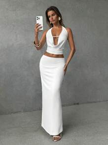 Aloruh Women's Sexy Halterneck Backless Top And Fitted Skirt 2 Pieces Set Valentine's Day Two Pieces Set Women Vacation Outfits Elegant Beach Outfits White Top Long Dress Sexy Party Beach Dress Bodycon Dress Boho White Outfits For Women Prom Dresses Rave Outfits Festival Concert Backless Old Money Style Wedding Guest Dress Summer Dress Vacation Rave Summer Sets - White - View 6