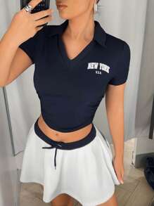 SHEIN ICON Women Y2k Short Sleeve Letter Print T-Shirt And Contrast Color Mini Tennis Skirt 2pcs Set,Everyday Wear,Sporty Style