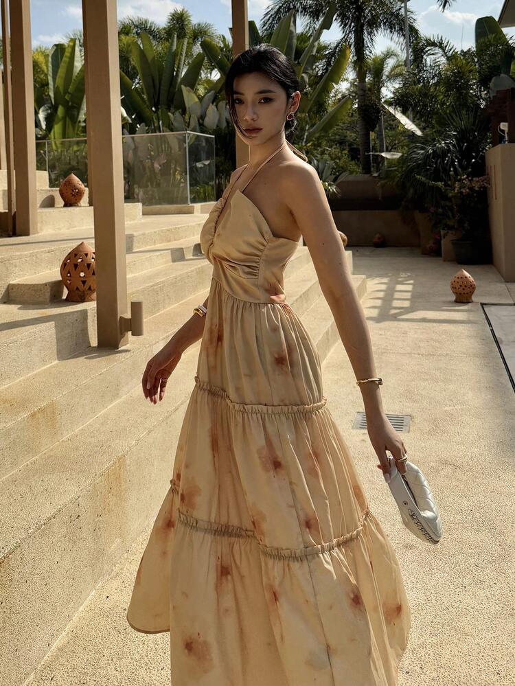 Vacation Beach Botanical Print & Tie-Dye Spaghetti Strap Backless V-Neck Midi Dress For Women Cruise Women Outfits Boho