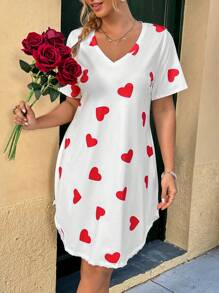 Flirla Plus Size Boho V-Neck Heart Print Short Sleeve Casual Dress, For Summer - Apricot - View 1