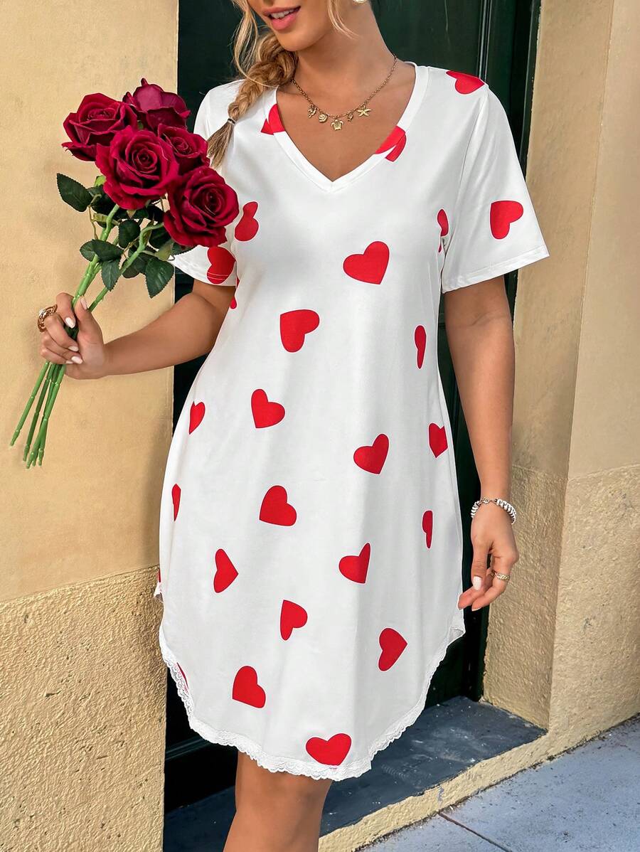Flirla Plus Size Boho V-Neck Heart Print Short Sleeve Casual Dress, For Summer - Apricot - View 1