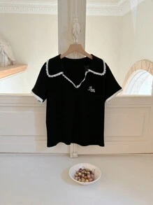 DAZY Women's V-Neck Lace Patchwork Color Blocking Casual Short Sleeve T-Shirt - Black - View 8