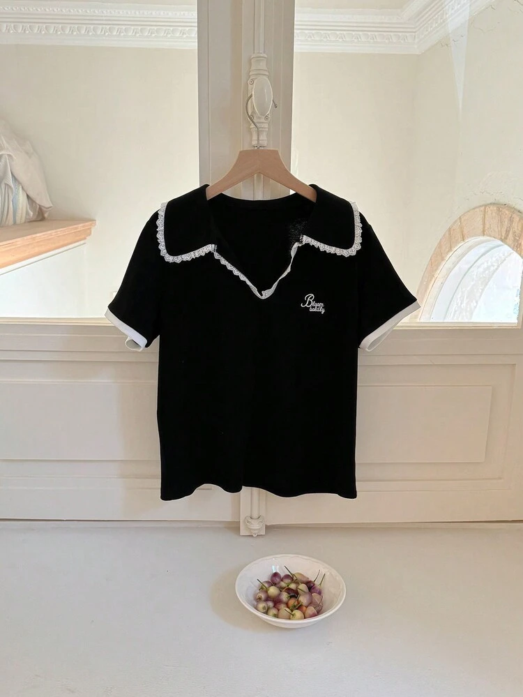 Women's V-Neck Lace Patchwork Color Blocking Casual Short Sleeve T-Shirt