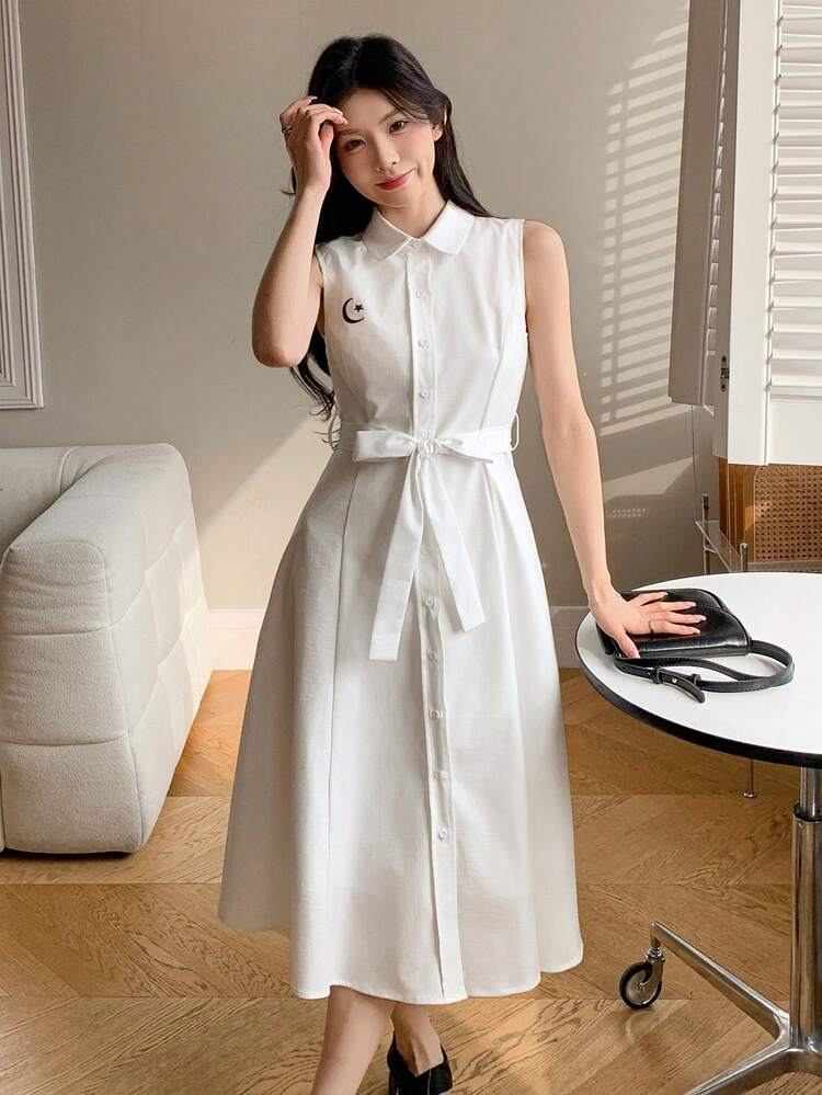 Embroidered Sleeveless Belted Mid-Length Dress For Women Sundress Shirt Dress,Casual Women Dresses