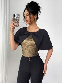 SHEIN Unity Women's 2024 New Design Elegant Cap Sleeve Casual Shirt - Black and Gold - View 6