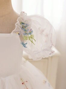 SHEIN Glamorique Kids 女童白色网眼花叶刺绣蓬松连衣裙，适合花童、复活节、生日派对、婚礼、节日、舞台表演、拍照，四季舒适 - 白色 - 查看 8