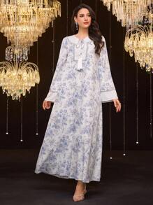 Al Najma Áo Kaftan dài truyền thống in hoa thanh lịch của Thổ Nhĩ Kỳ và Ả Rập dành cho nữ - Nhiều màu - Xem 3