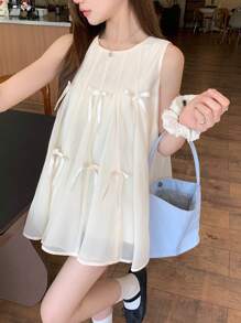 DAZY 女士甜美蝴蝶欧根纱拼布背心，可爱青春，无袖夏季娃娃装上衣 - 杏色 - 查看 3