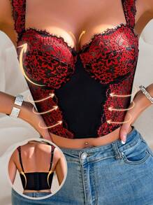 1pc Women Lace Patchwork Seamless Built-In Bra Shapewear Top - Multicolor - View 1