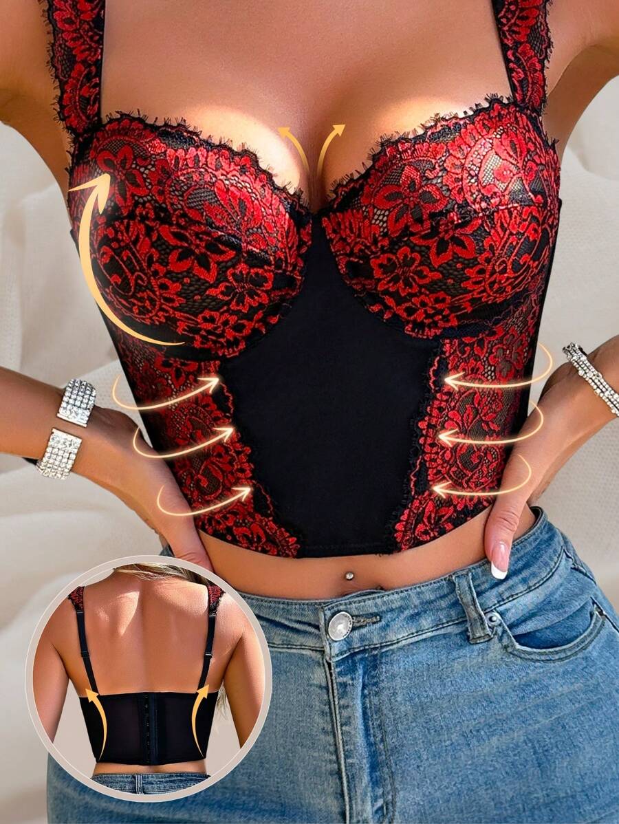 1pc Women Lace Patchwork Seamless Built-In Bra Shapewear Top - Multicolor - View 1