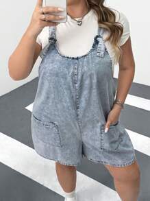 SHEIN CURVE+ Extra Plus Size Distressed Denim Jumpsuit, Suitable For Summer Vacation Boho Vacation - Blue - View 4