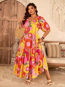 SHEIN Clasi Đầm Maxi In Tua Rua Tay Vai Rộng Viền Vá Nhiều Màu Cho Kỳ Nghỉ Mùa Hè Bãi Biển Size Lớn - Nhiều màu - Xem 4