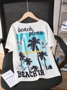 SHEIN Boys Tropical Coconut Tree Print Round Neck Short Sleeve T-Shirt, Spring/Summer - White - View 1