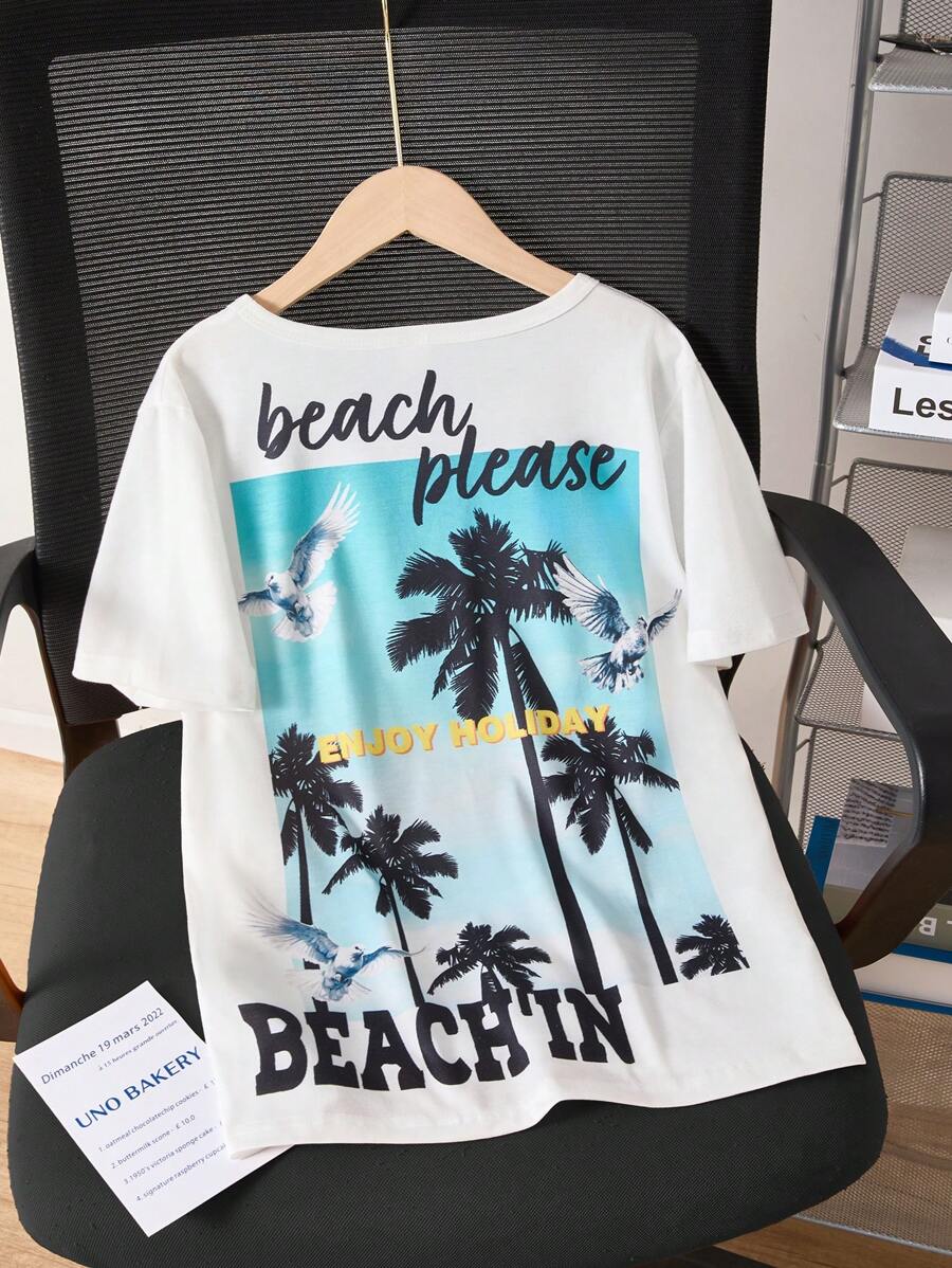 SHEIN Boys Tropical Coconut Tree Print Round Neck Short Sleeve T-Shirt, Spring/Summer - White - View 1