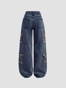 SHEIN Teen Girls Y2K Fashion Star Patched Faded Frayed Boyfriend Baggy Straight Leg Denim Jeans With Star Applique And Patch Pockets, Girl's Clothing Streetwear Outfits,Versatile Style,Girls Summer Clothes Back To School Streetwear Outfits,Beach Boho Concert Loose Fit Wide Leg Pants Rave Outfits Festival,Graduation Outfit