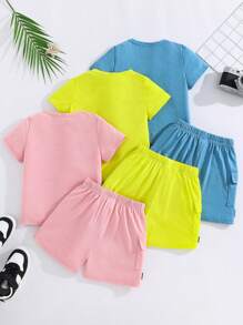 SHEIN 6 件套年轻男孩舒适休闲百搭日常穿着简约设计运动风宽松圆领短袖 T 恤和口袋短裤针织服装，适合春夏季、日常穿着、运动、外出、学校、派对、节日、拍照、返校